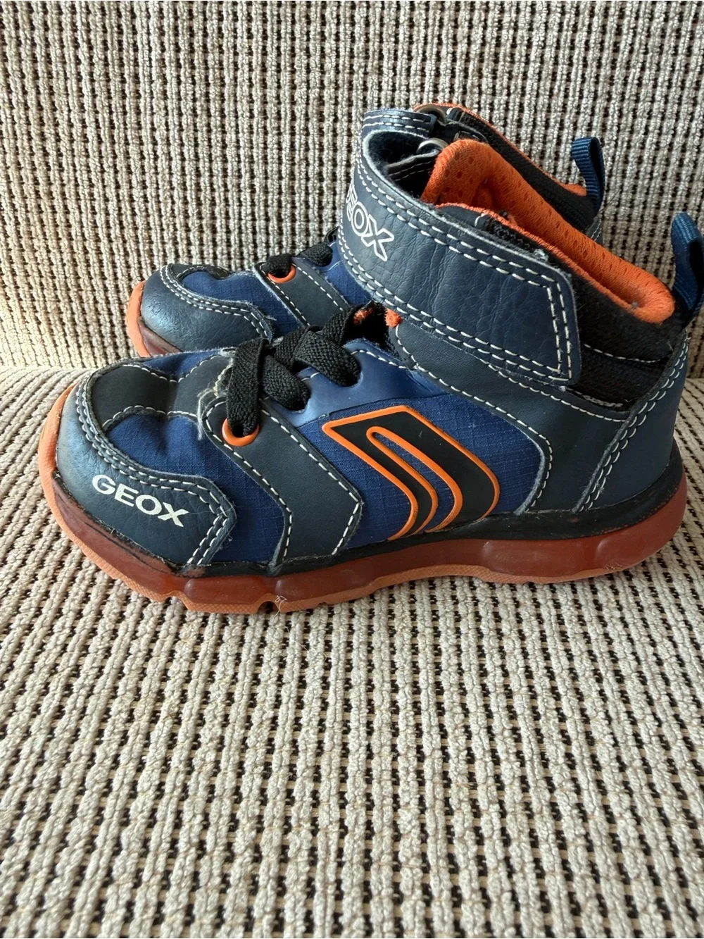 Geox Kids Navy and Orange High-Top Sneakers with Hook-and-Loop Strap
